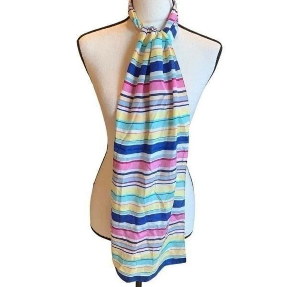 Talbot's Vintage Silk Scarf Multicolor Horizontal Stripes Pink Blue Yellow White